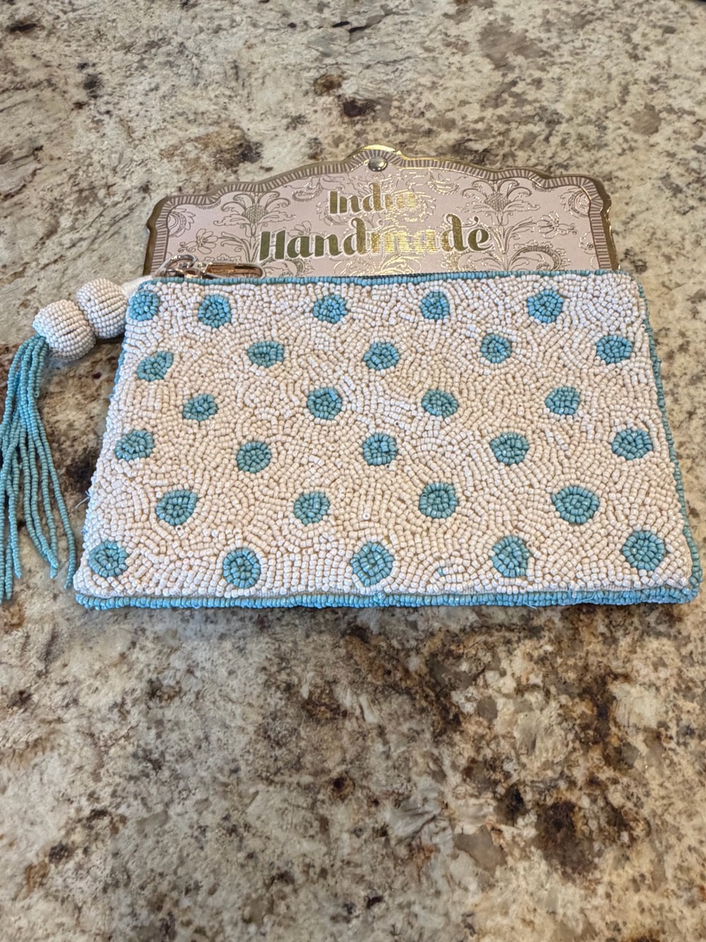 Beaded White & light blue Polka Dot travel pouch or clutch